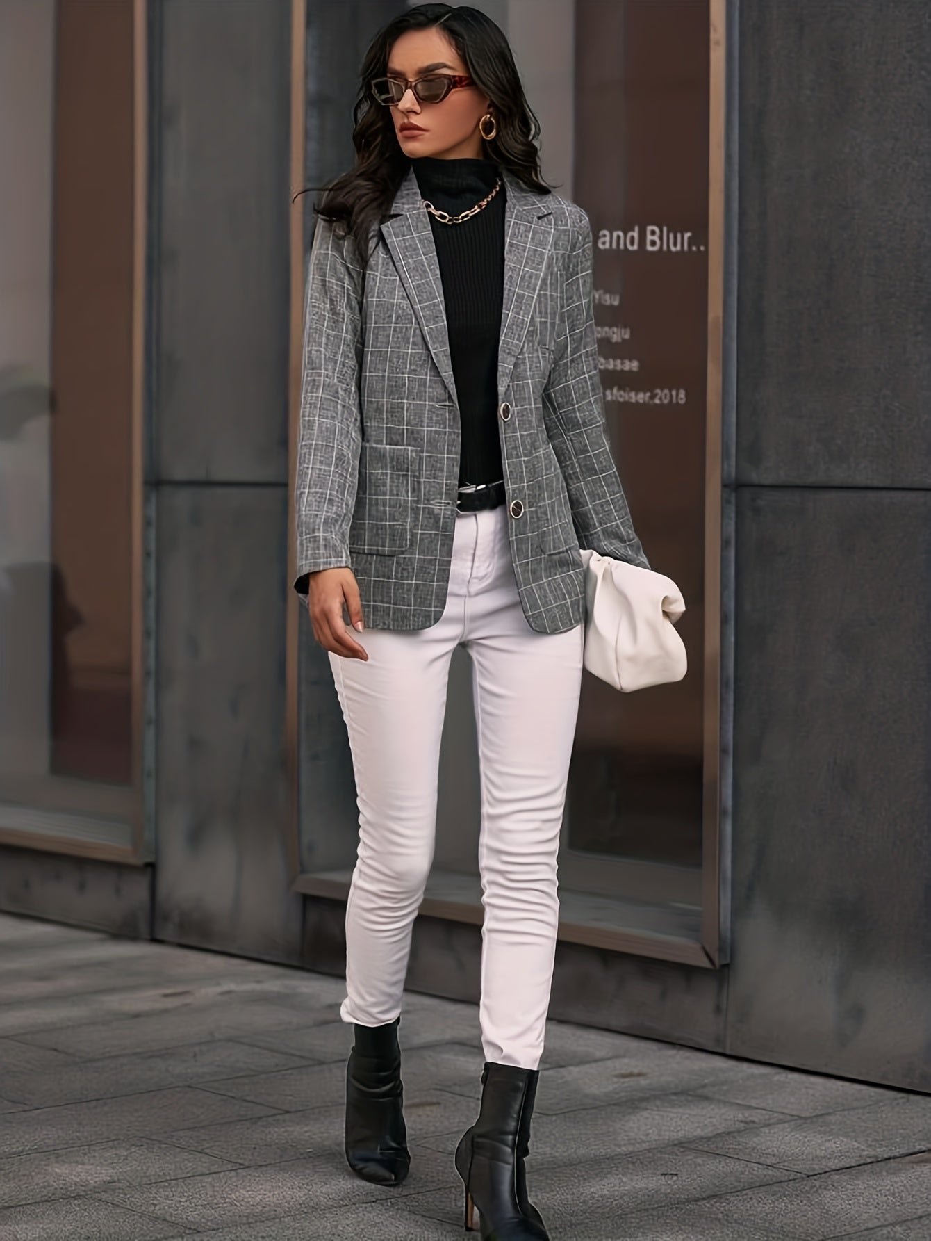 Plaid Print Single Breasted Lapel Blazer, Elegant Patched Pockets.