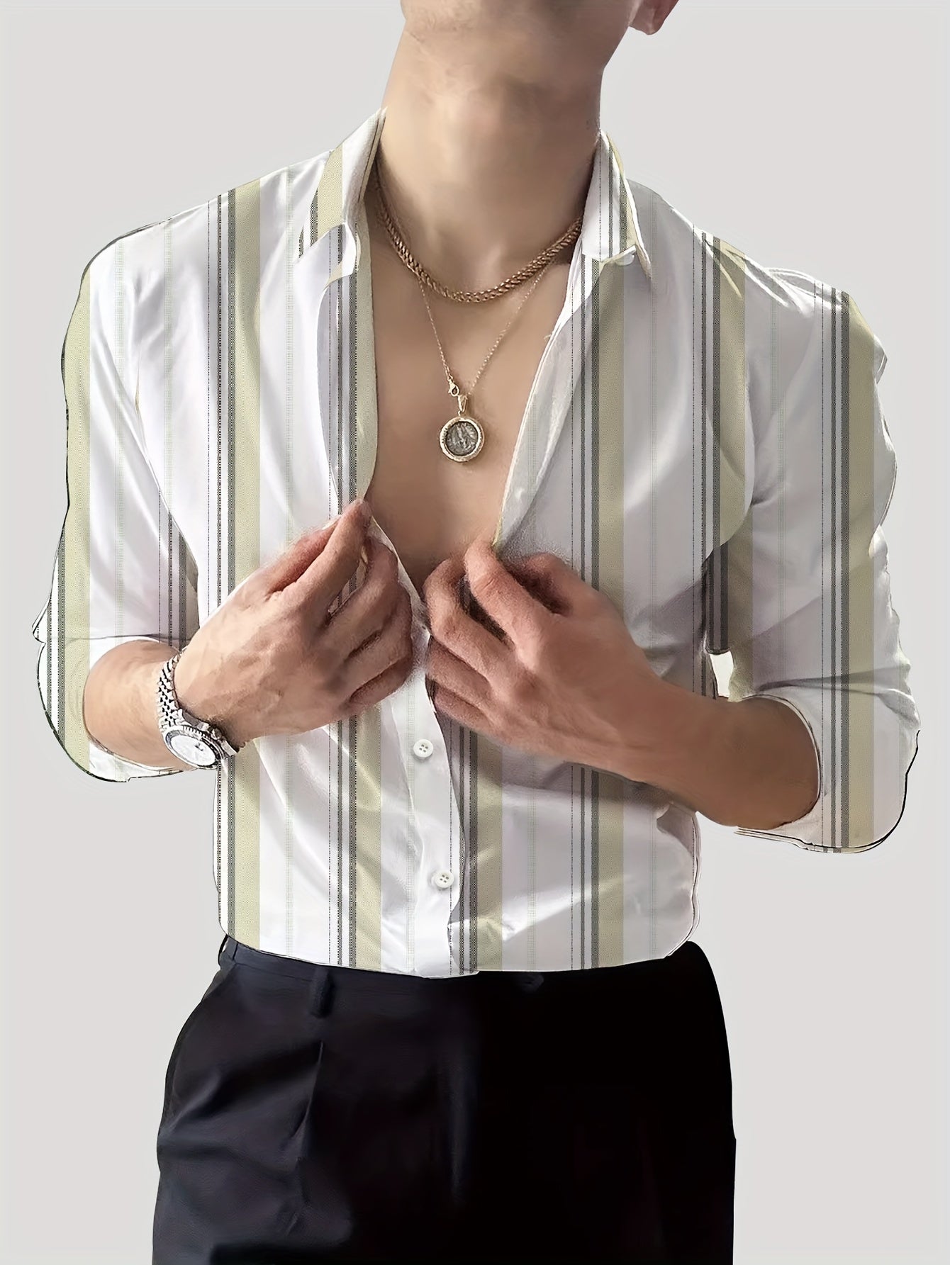 Men's Striped Lapel Collar Dress Shirts, Long Sleeve .