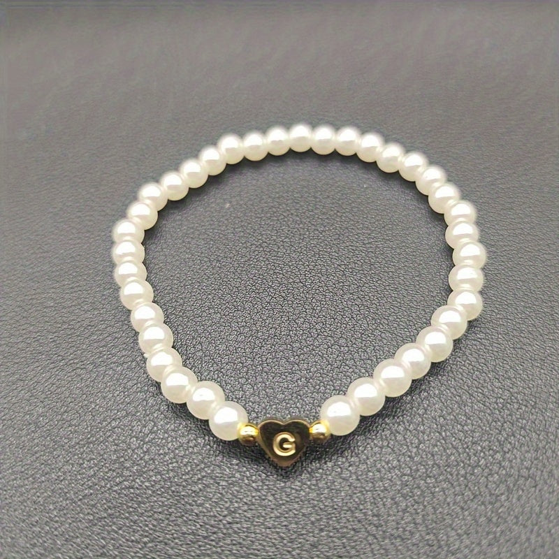 1pc Classic Initial A-Z Lettering Heart Faux Pearl Beaded Bracelet, Elegant Party Jewelry Birthday Gift For Teen Girls