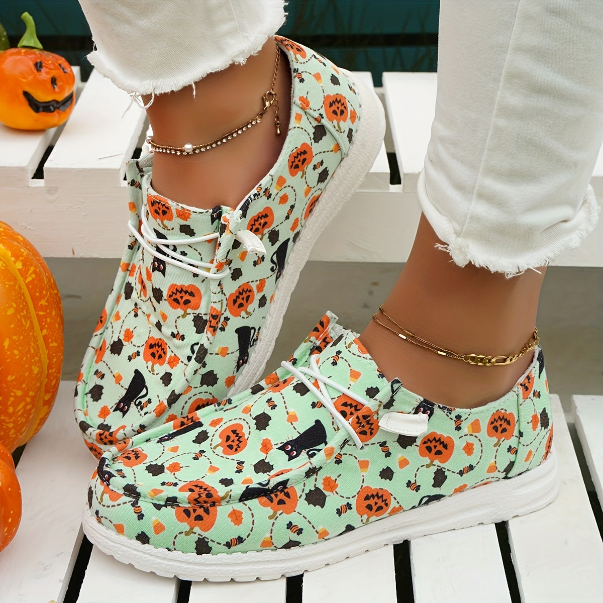 Women's Pumpkin & Cat Print Canvas Shoes,