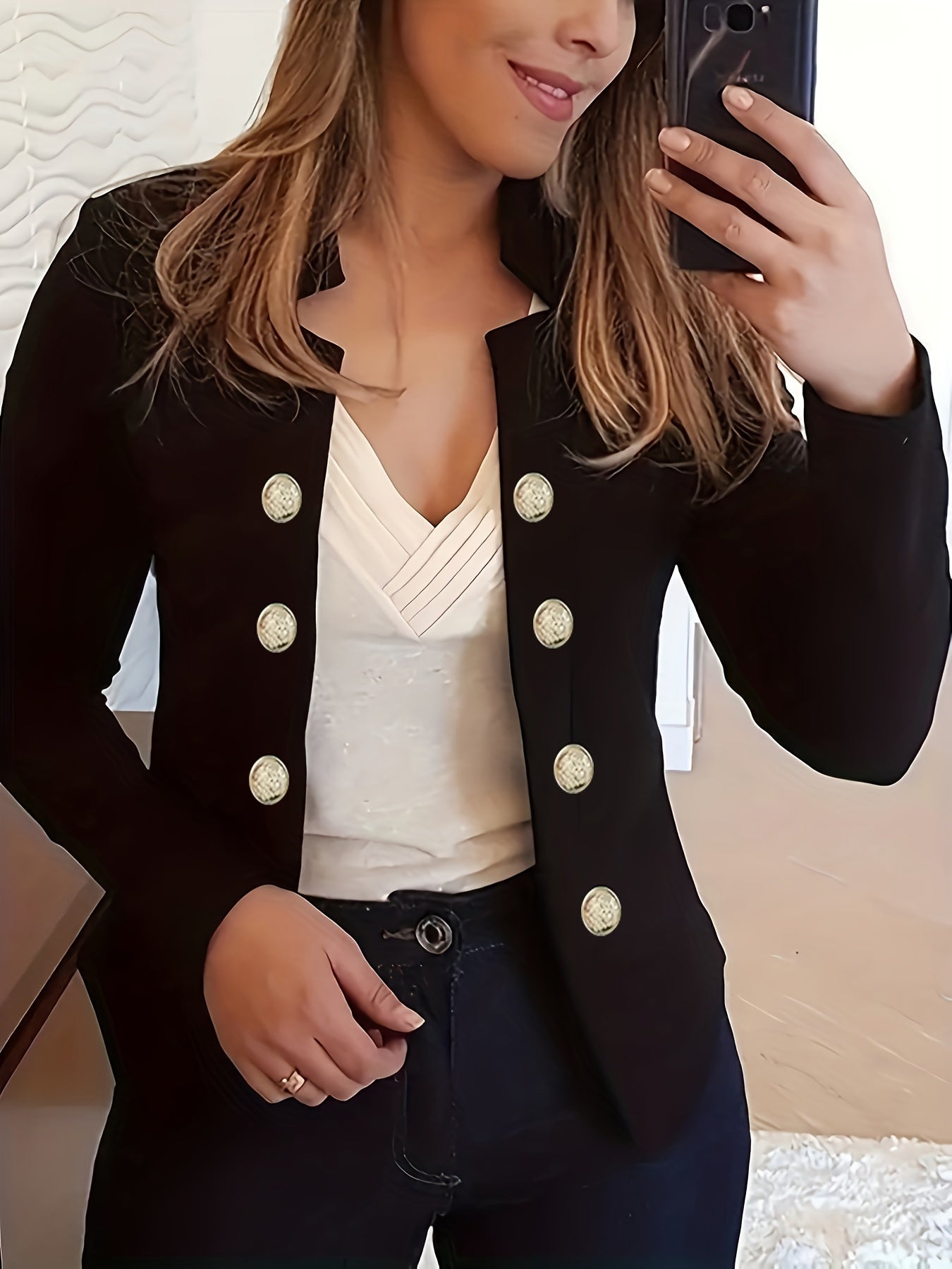 Button Decor Open Front Blazer, Casual Long Sleeve.