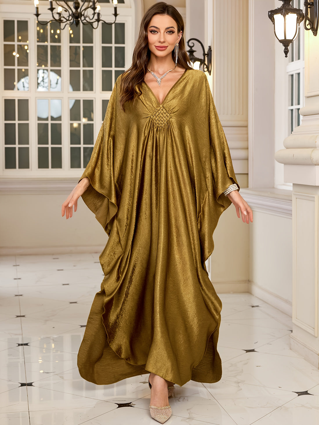 EDOLYNSA Women's Olive Green V-Neck Batwing Sleeve Kaftan ./MH