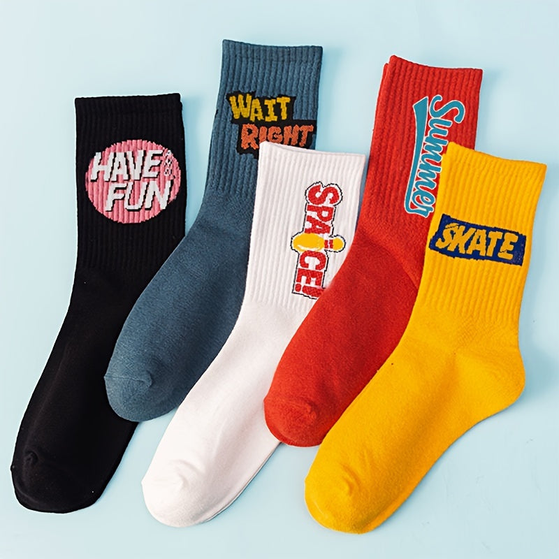 5 Pairs Of Men's Trendy Street Style Letter Print Crew Socks,/MH
