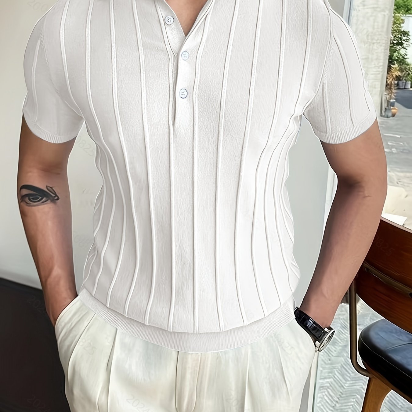 Vertical Striped Chic Shirt, Men's Casual Solid Color High Stretch .