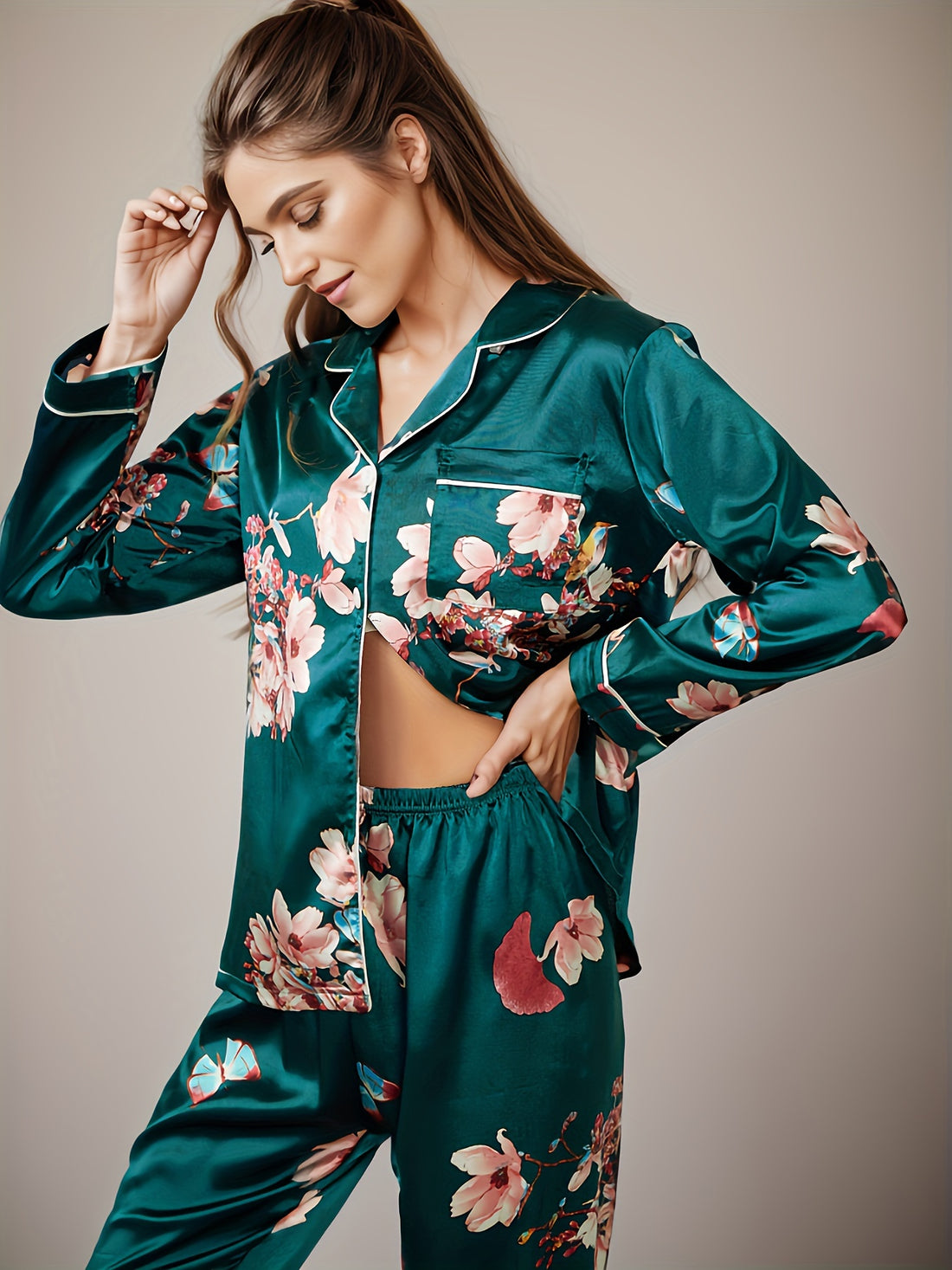 Floral Print Satin Pajama Set,