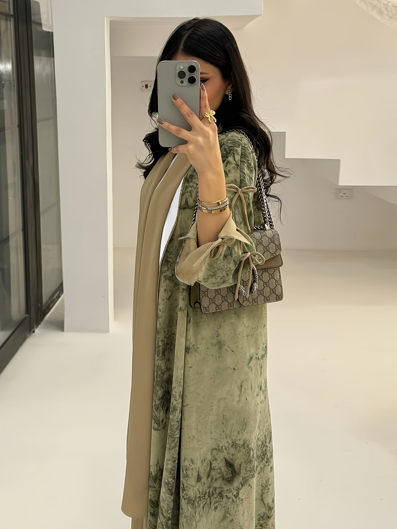 Women'S Elegant Blue Floral Print Chiffon Abaya with Golden Accents - / MH
