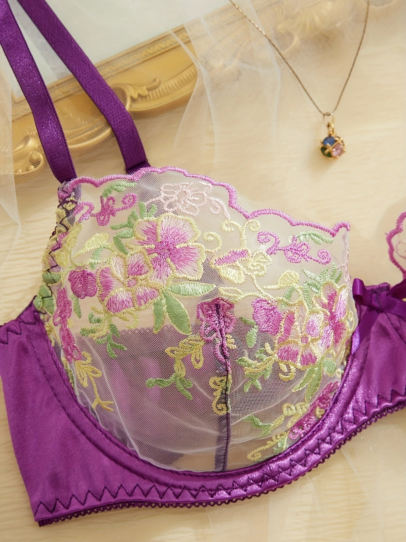 Sexy Floral Embroidery Semi Sheer Bra & Panty, /MH