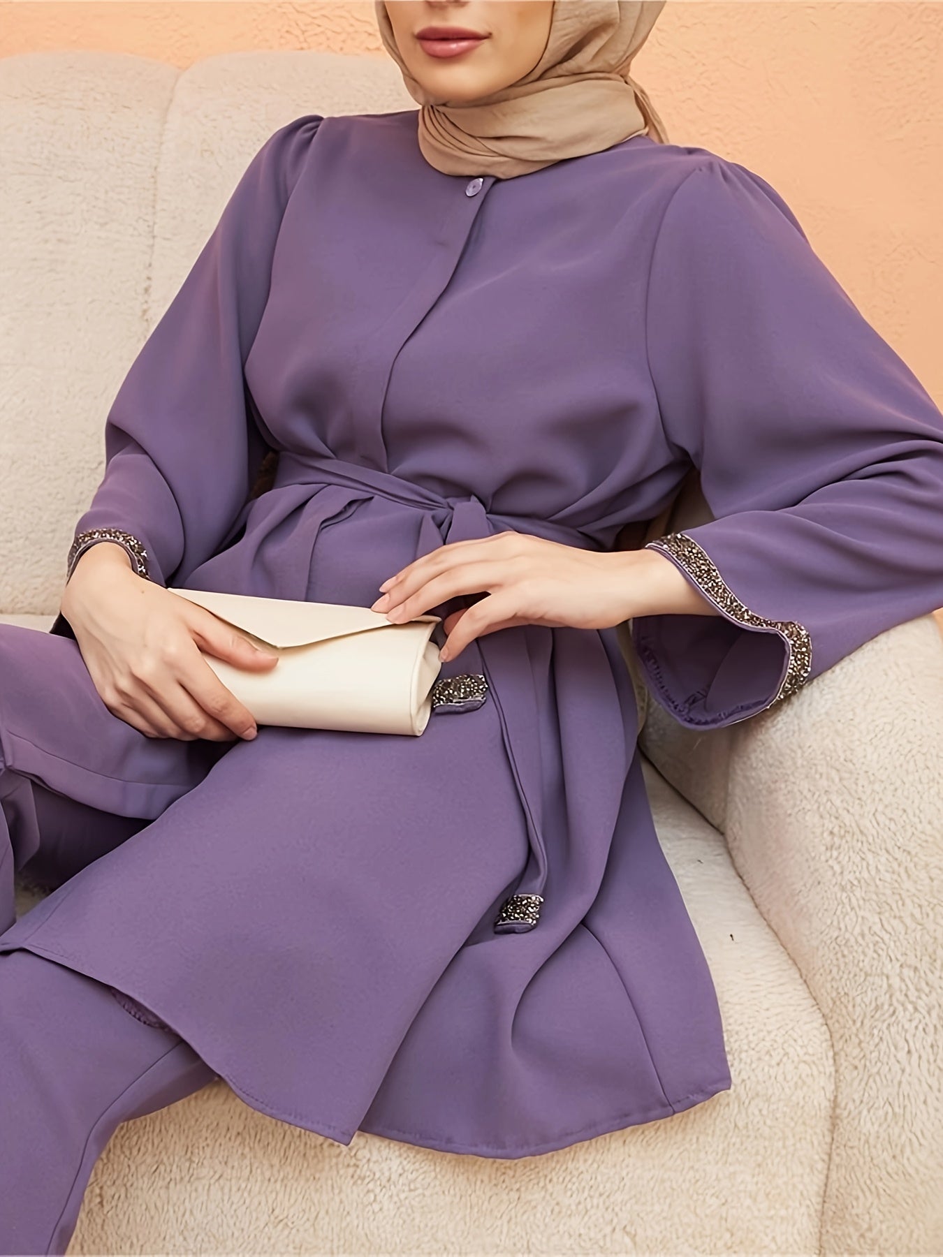 Contrast Trim Belted Button Front Kaftan Shirt, /MH