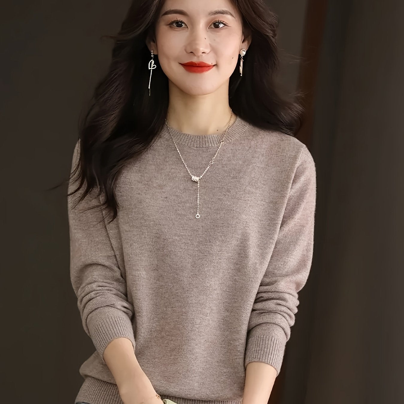 1pc Women'S 100% Wool Crew Neck Long Sleeve Knit Sweater,