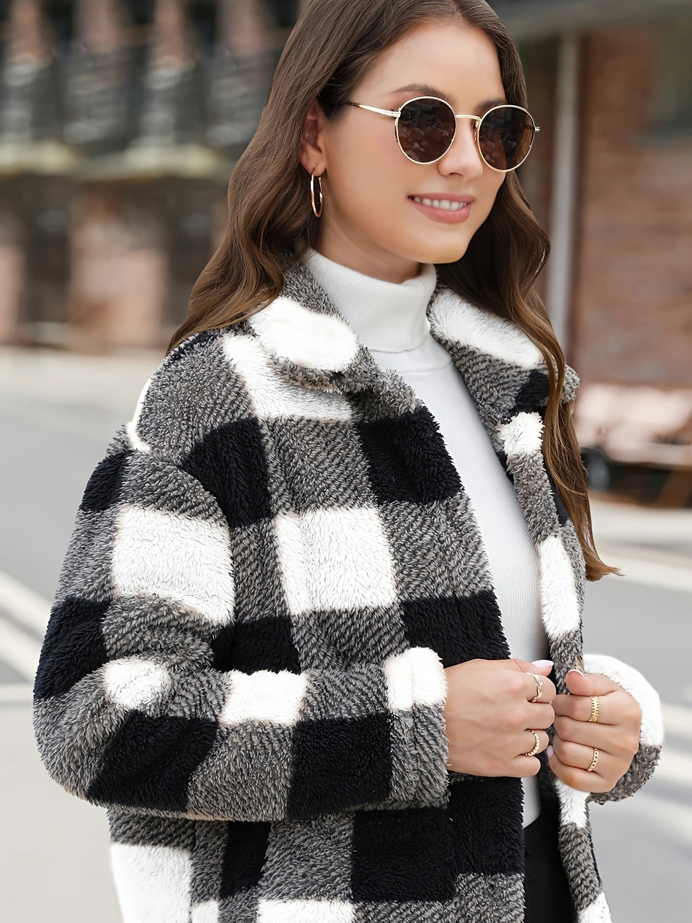 Long Sleeve Plaid Print Teddy Coat with Patched Pockets - Soft, Warm,