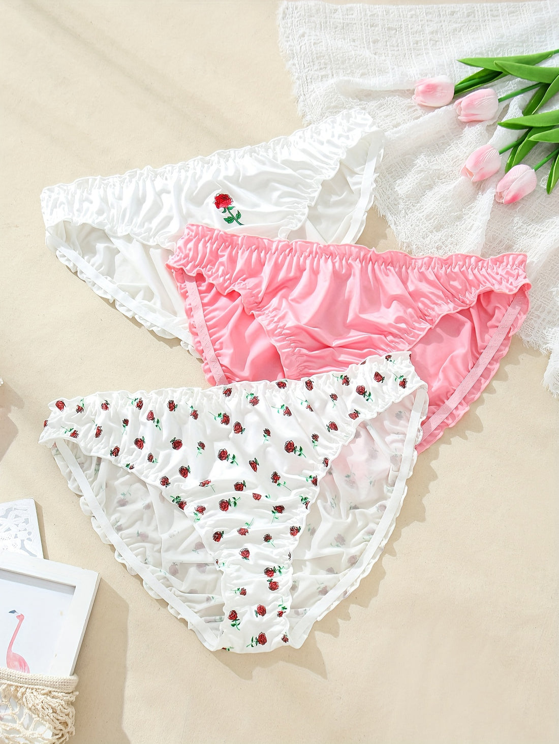 3pcs Women'S Plus Size Floral Lingerie Briefs - Sexy Ruffled Hem, /MH