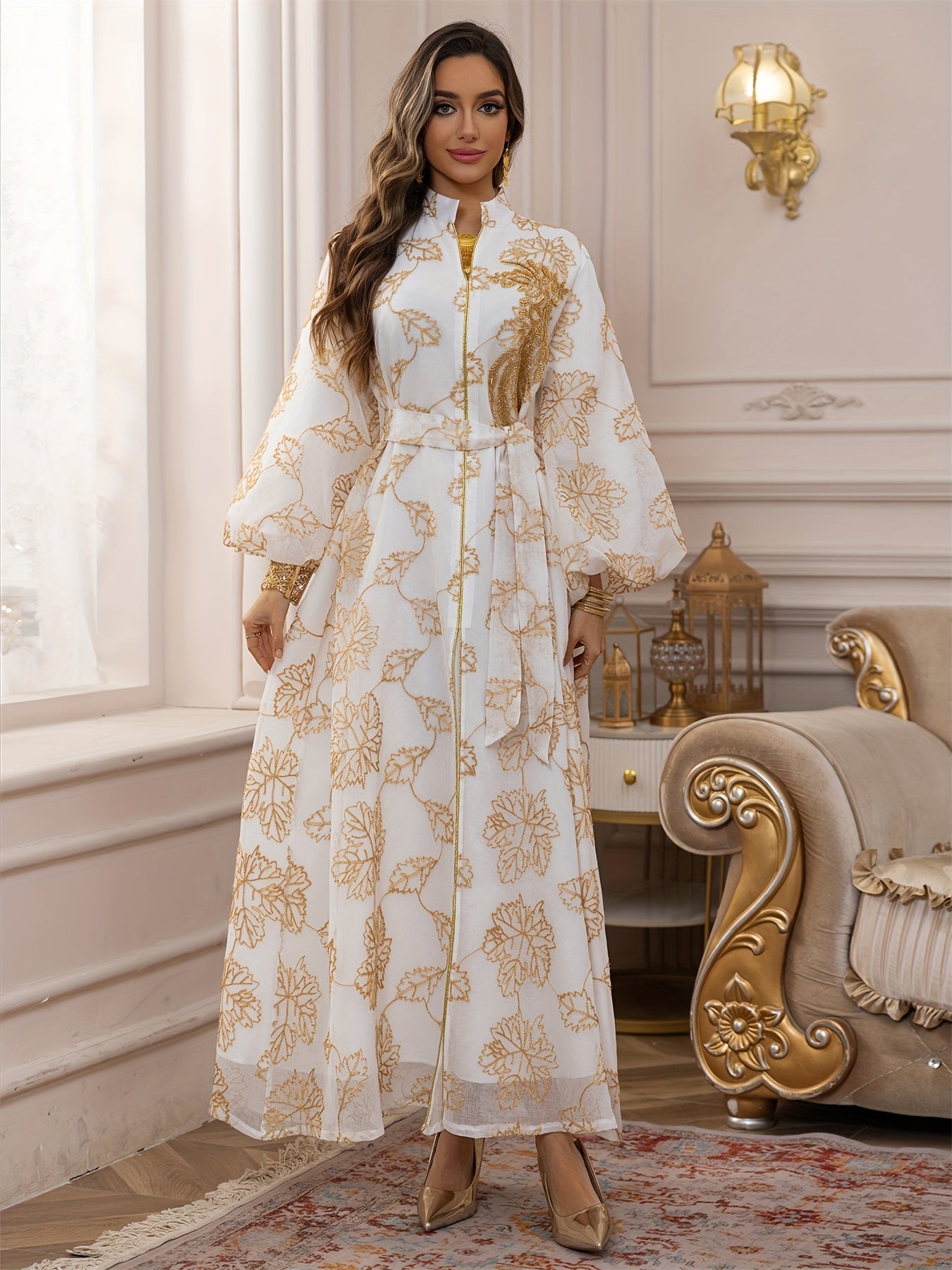 Dubai Floral Embroidery Belted Dress Belt included Lantern Sleeve/MH