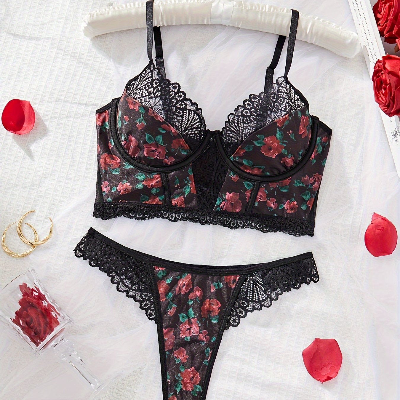 Elegant Rose Print Lingerie Set, Floral Lace Detail, / MH