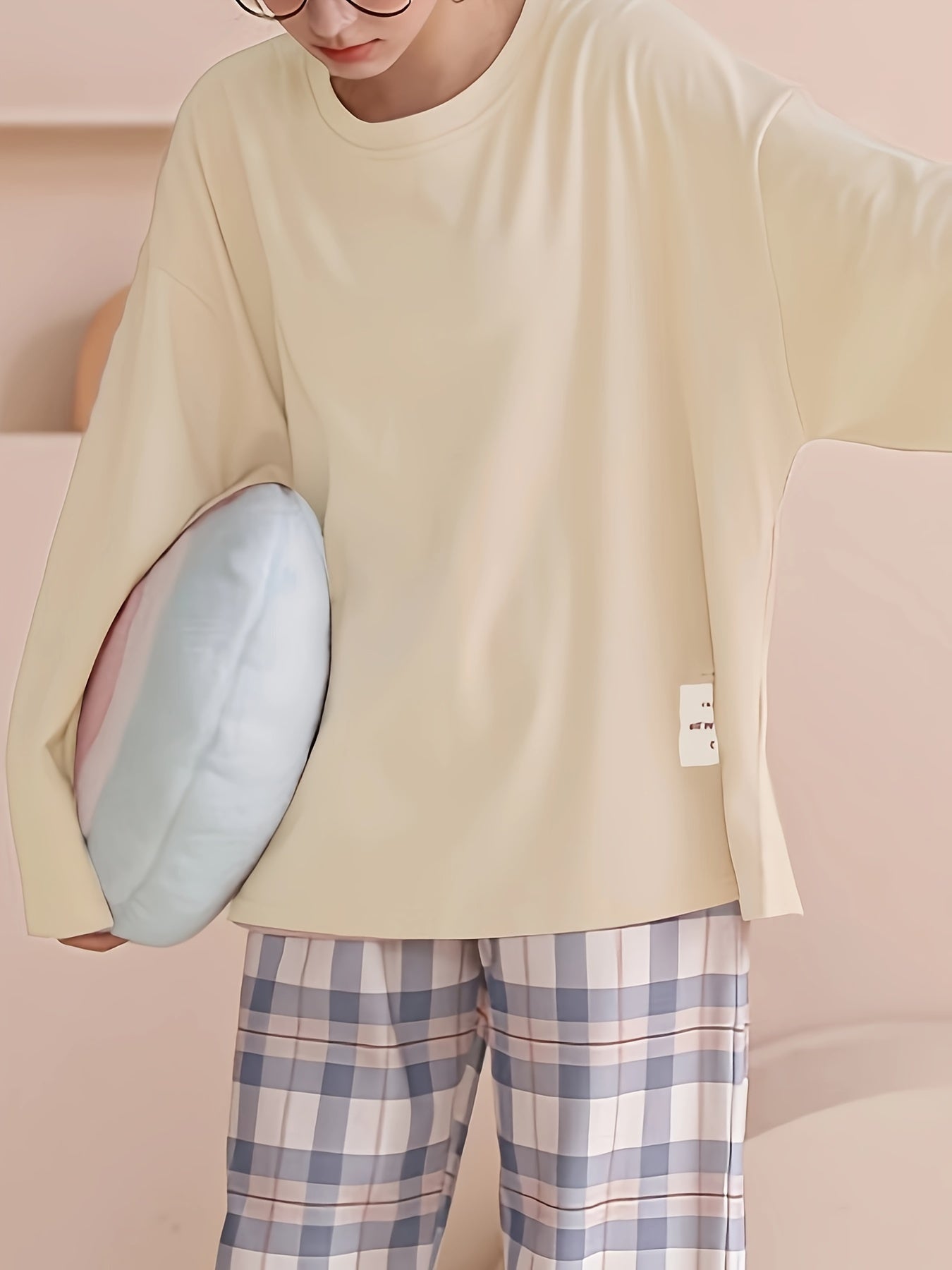 Plaid Print Crew Neck Pajamas Set,