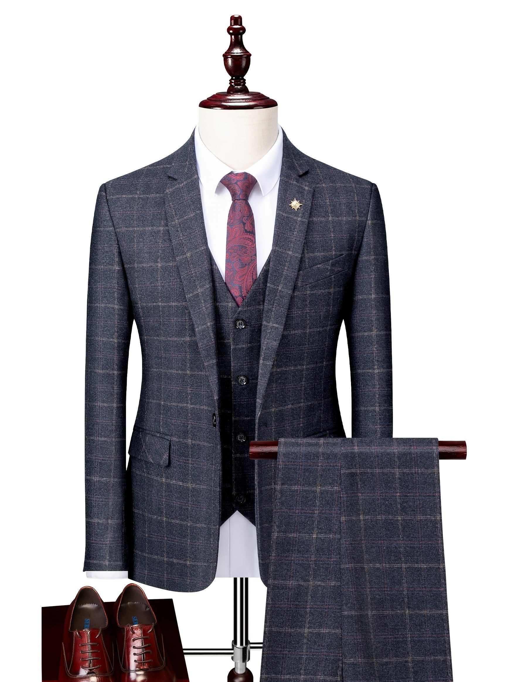 3pcs Men's Plaid Pattern Dress Suit Set, Notch Lapel Collar Blazer.
