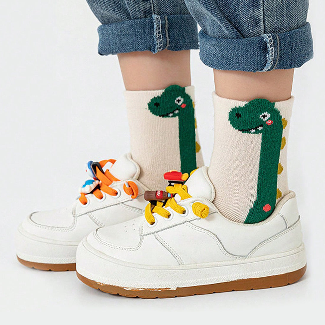 Cartoon Green Dino Pattern 5 Pairs Boy's Short Crew Socks,/MH
