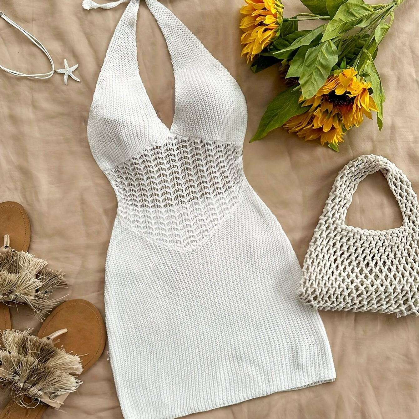 Stylish Vacay Knit Cover Up Dress - Rash Guard Shirts for Women with Halter Tie Neck and Backless Design, Swimwear and Beachwear Clothing for Summer Vacation