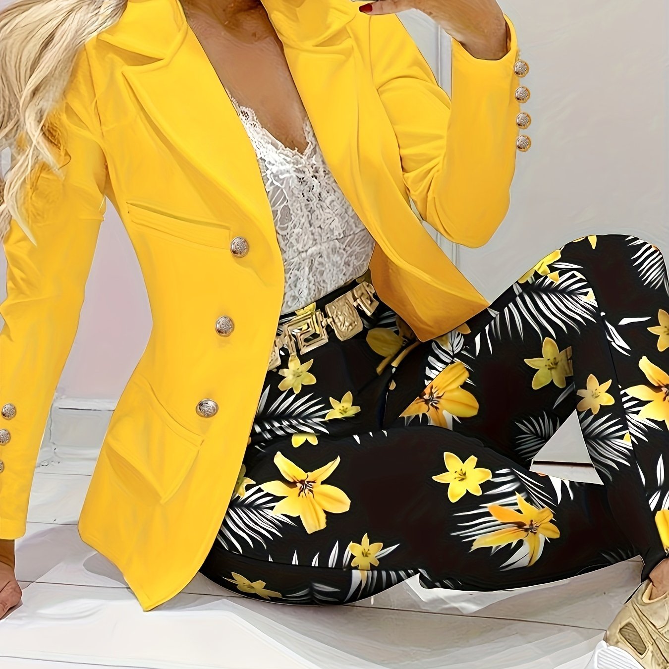 Elegant Floral Print Suit Set, Double-breasted Long Sleeve.