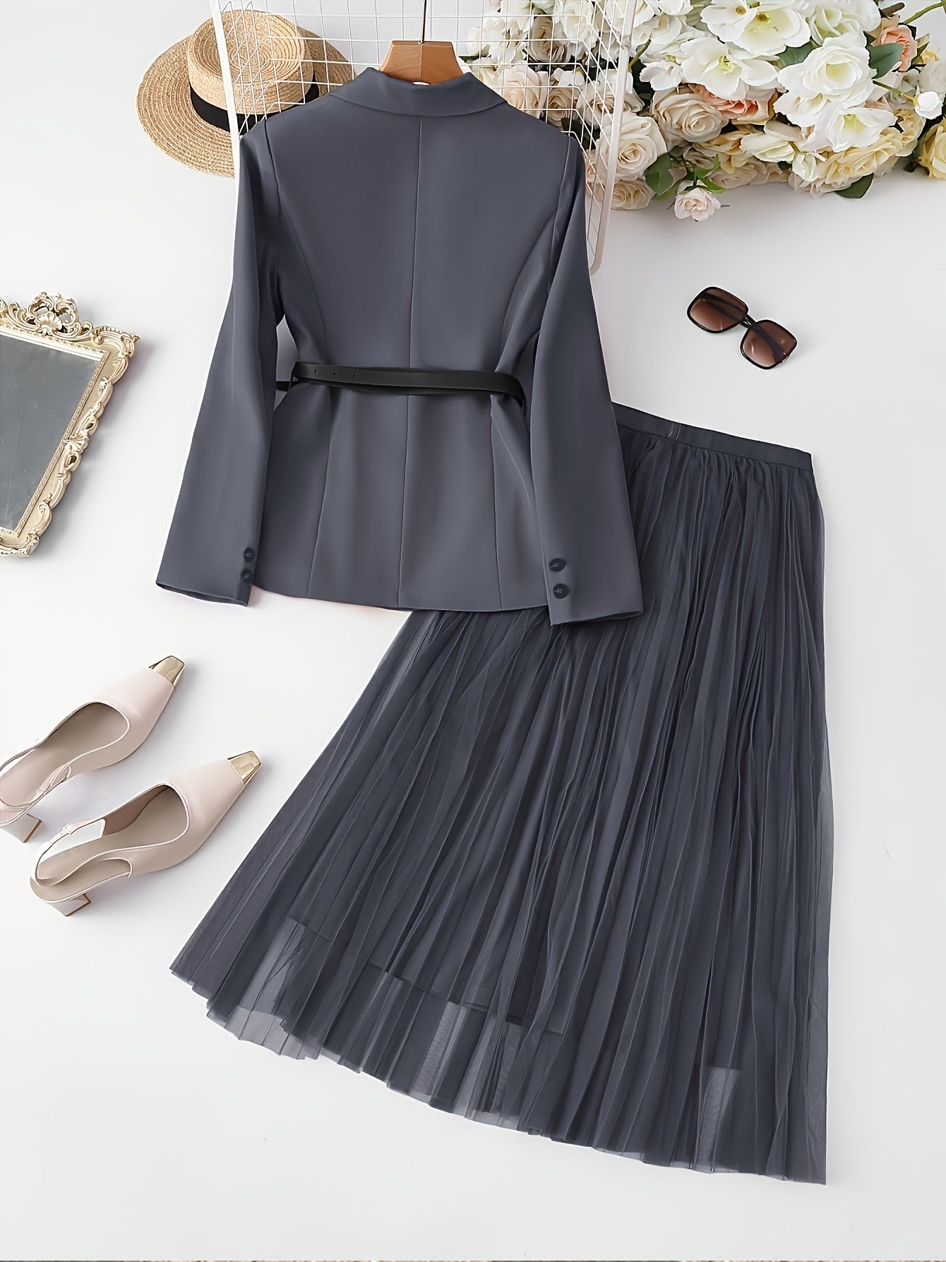 Elegant Fall/Winter Women's Suit Set - Chic Blazer & Sheer Mesh .