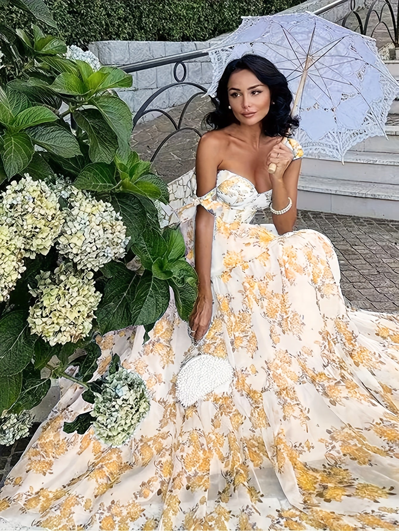 Elegant French Floral Off-Shoulder Long Dress - /MH