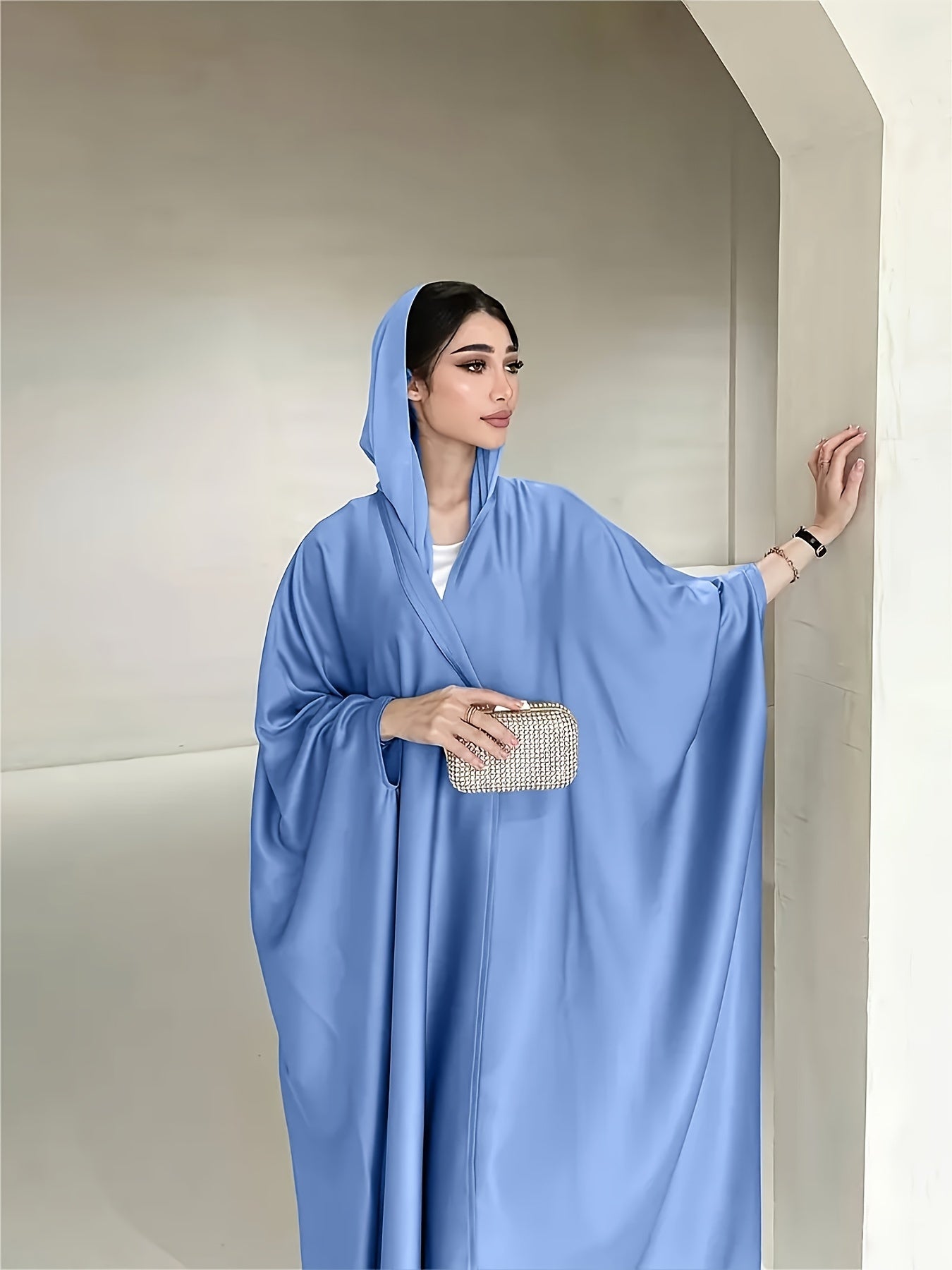Open Front Hoodie Kaftan Dress, Elegant Long Batwing Sleeve Non-Stretch '/MH