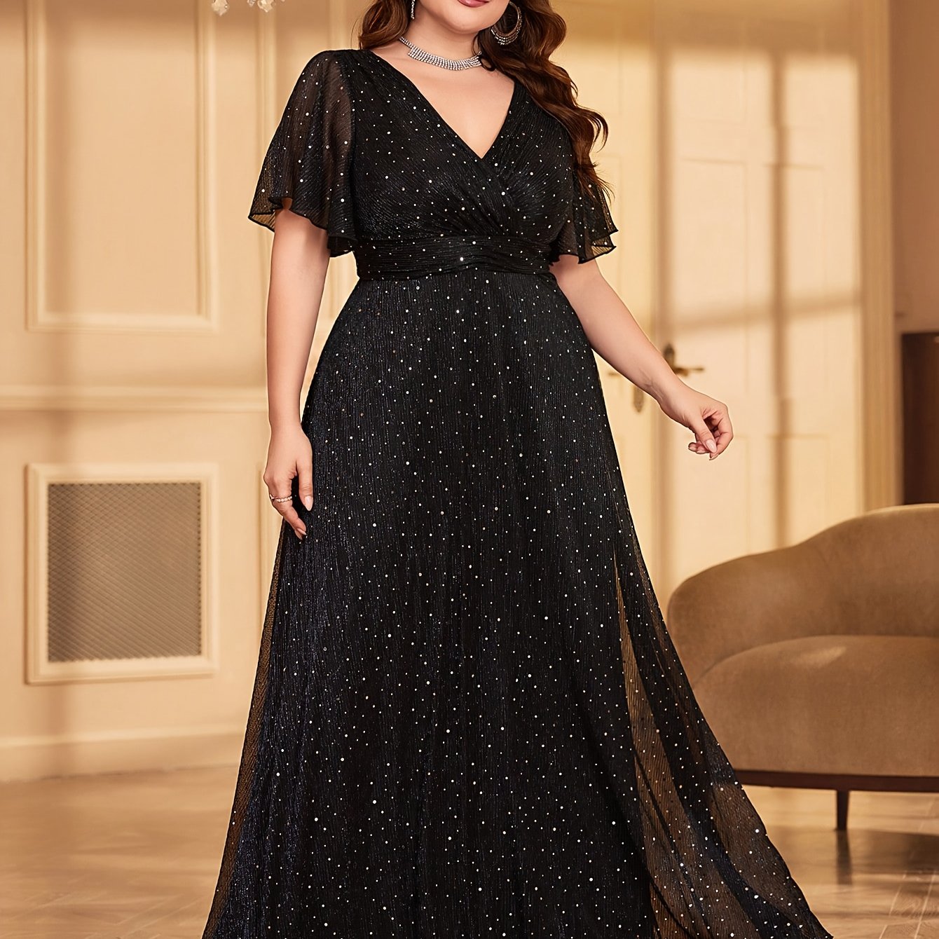 Elegant Long Party Evening Dress with a V-Neck, Ruffled Sleeves, /MH