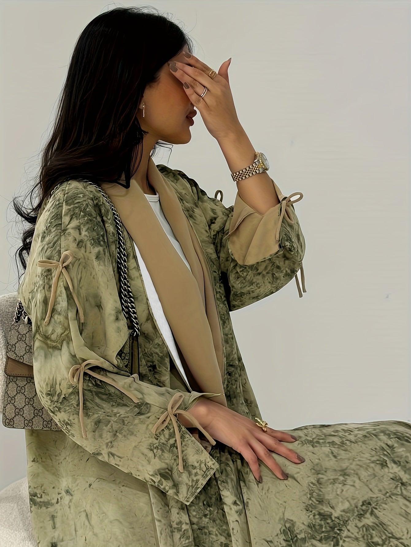 Women'S Elegant Blue Floral Print Chiffon Abaya with Golden Accents - / MH