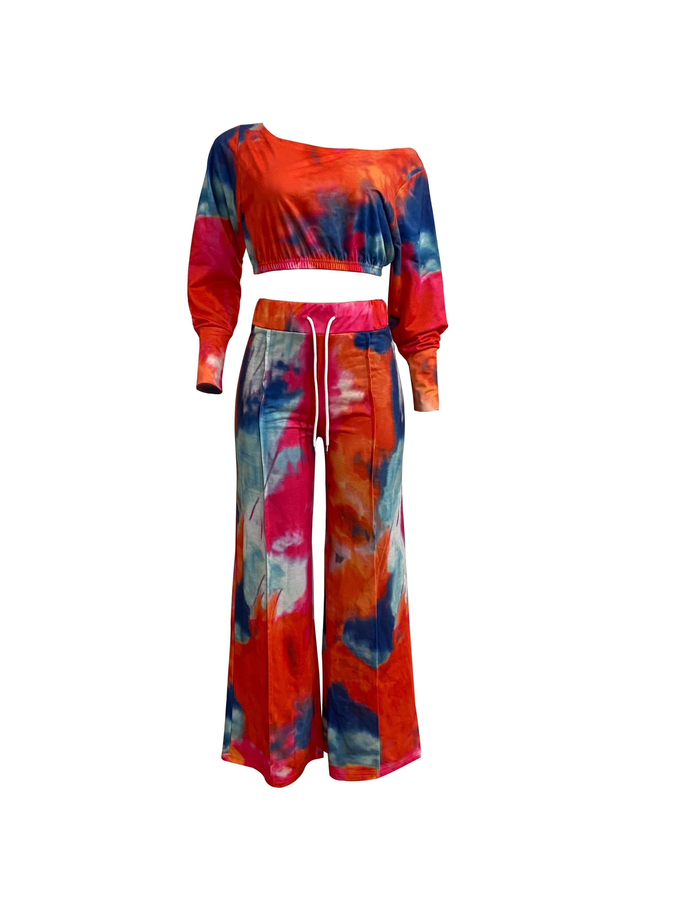 Casual Tie Dye Two-piece Set, Long Sleeve Crop Top & Drawstring Wide Leg Pants Outfits, Women's Clothing