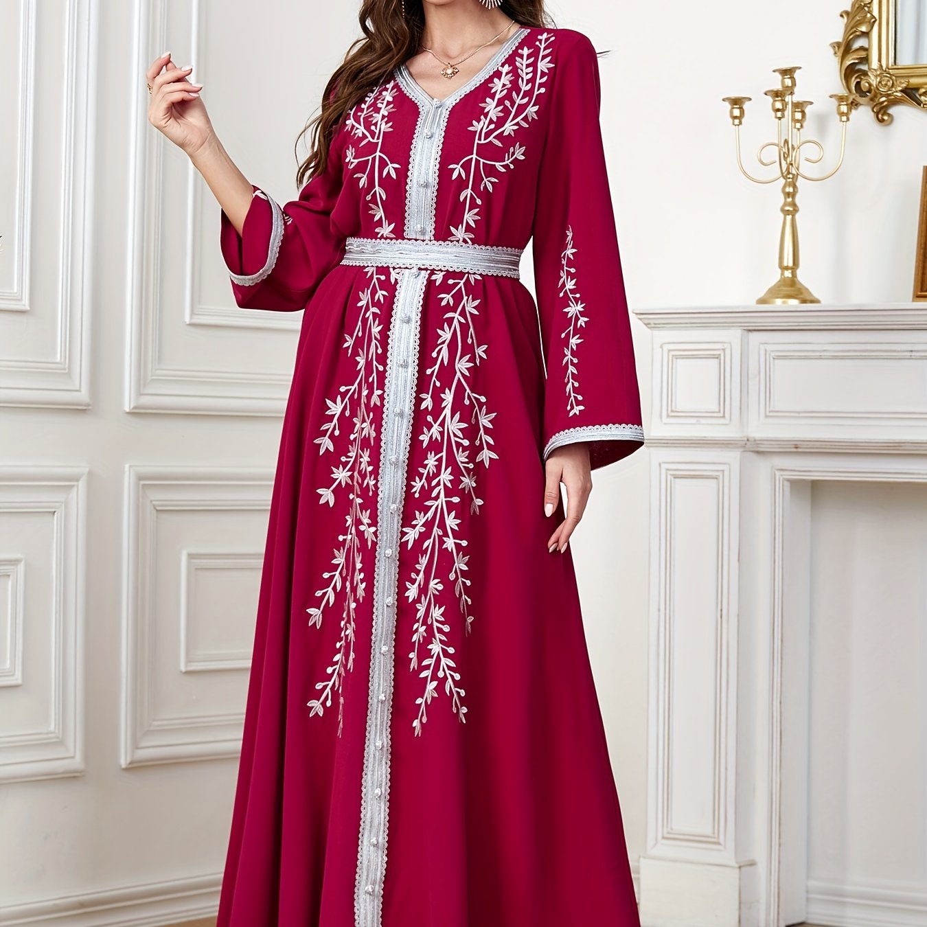 Floral Pattern Kaftan Dress, Elegant V Neck '/MH