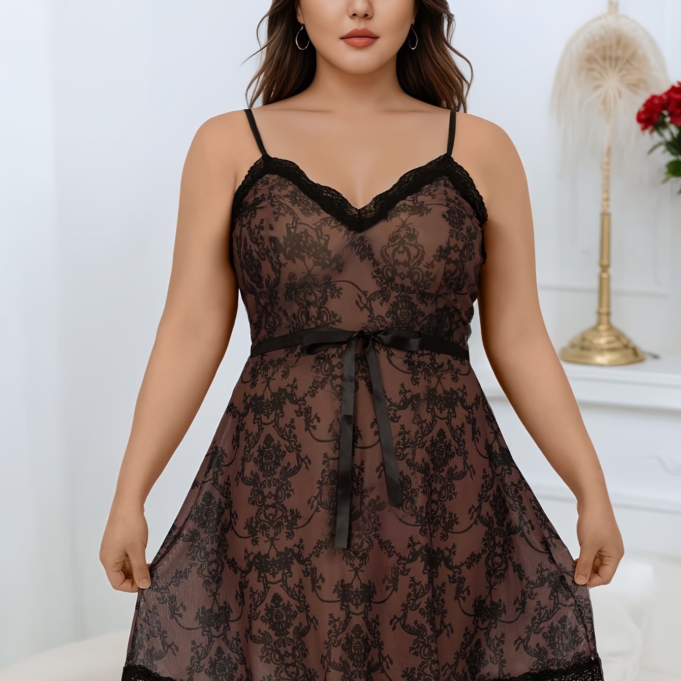 Plus Size Women's Contrast Lace Spaghetti Suspender Dress