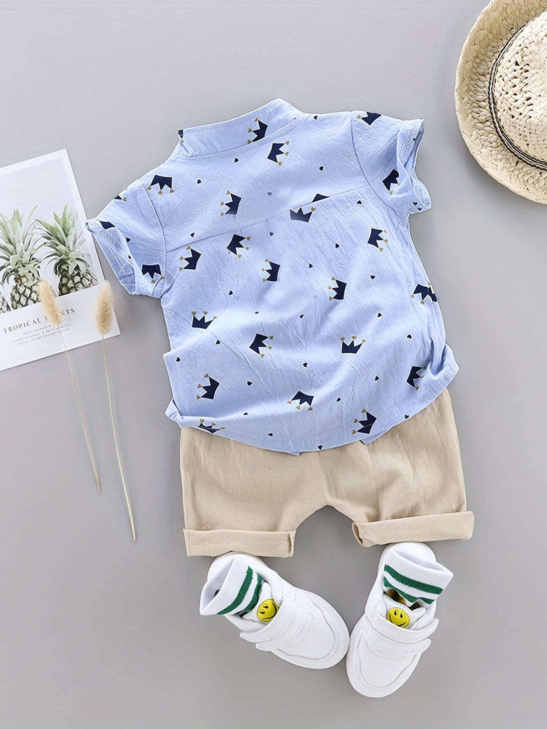 2pcs Boys Casual Gentleman Crown Graphic Print Short Sleeve.