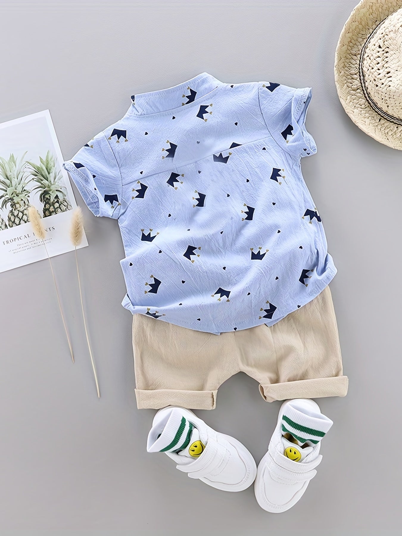 2pcs Boys Casual Gentleman Crown Graphic Print Short Sleeve.