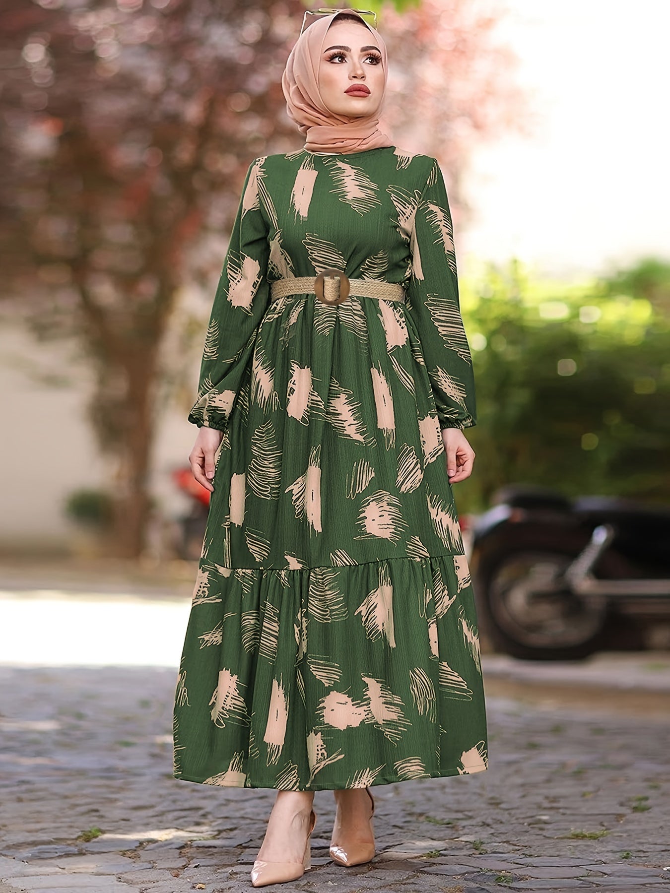All Over Print Crew Neck Kaftan, Casual Long Sleeve Maxi Dress,/MH