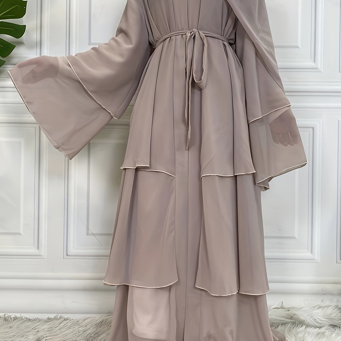 Layered Open Front Modest Dress, Long Sleeve Muslim Dress'/MH
