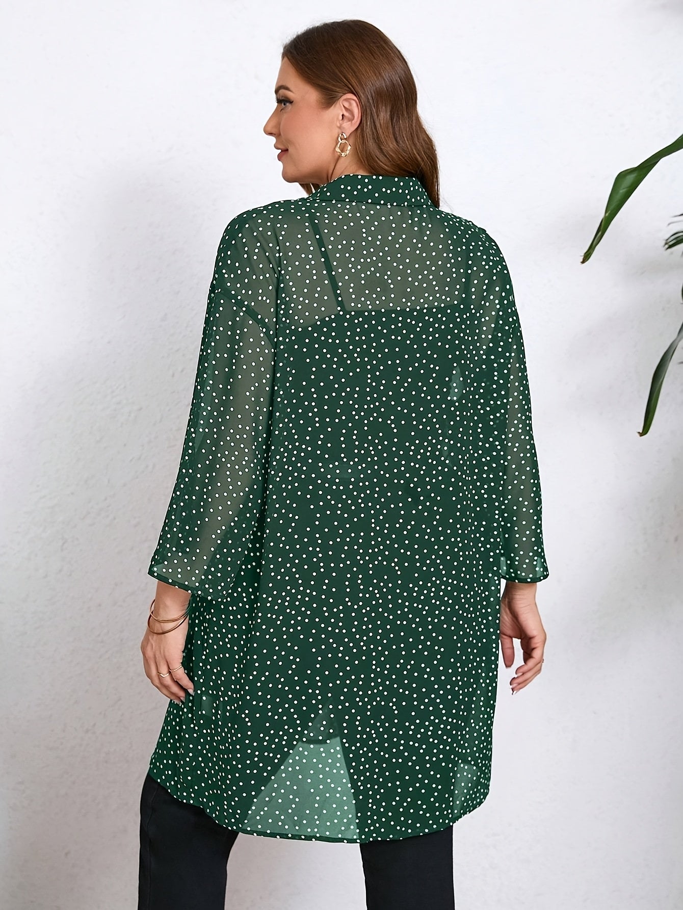 Chic Plus Size Polka Dot Blouse with Cuffed Sleeves Button-Up Shirt for Women,