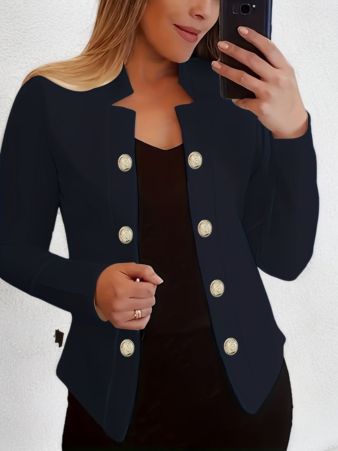 Button Decor Open Front Blazer, Casual Long Sleeve.