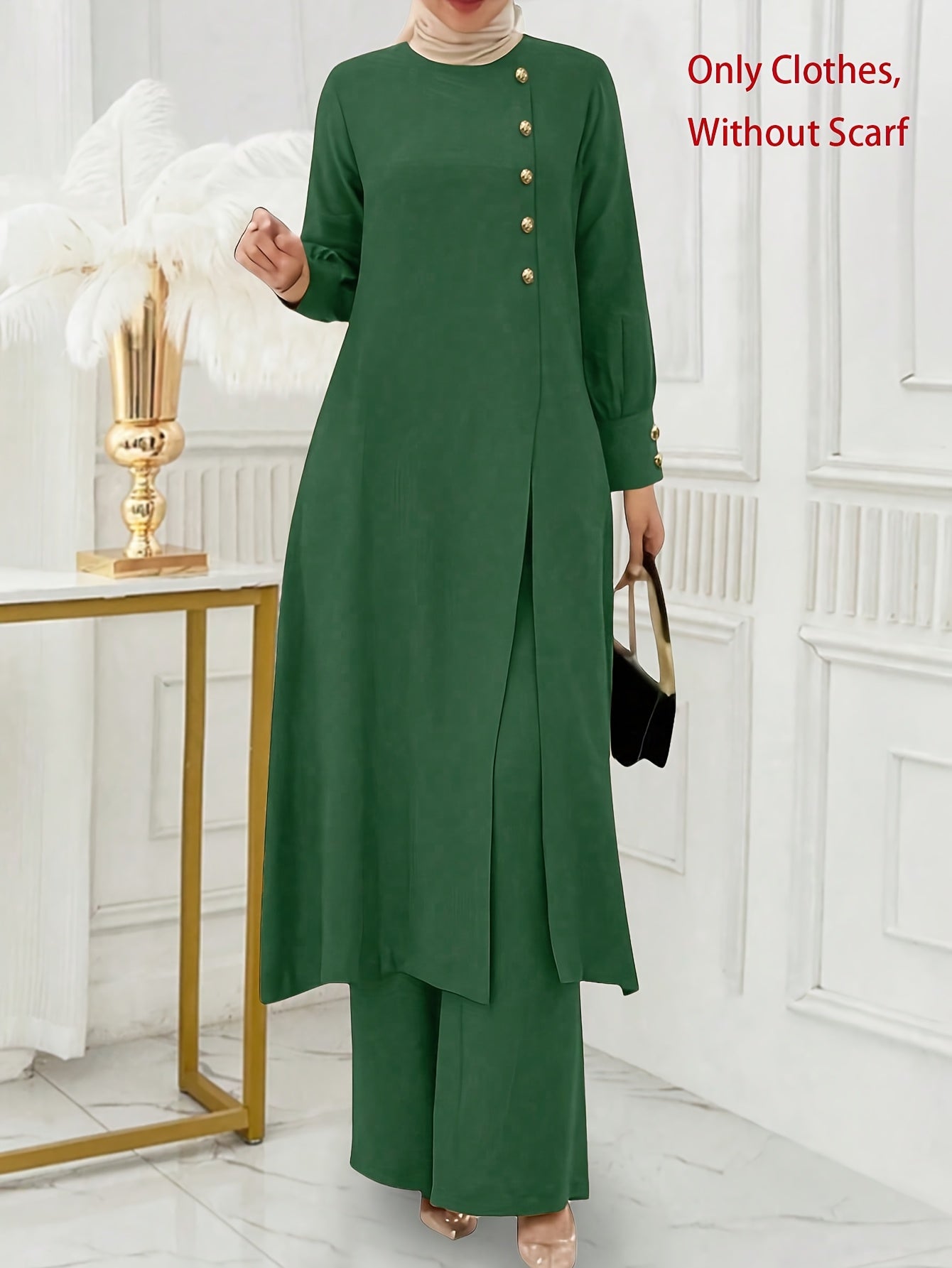 Solid Color Button Design Long Sleeve Top and Pants Set, Arabic Style,/MH