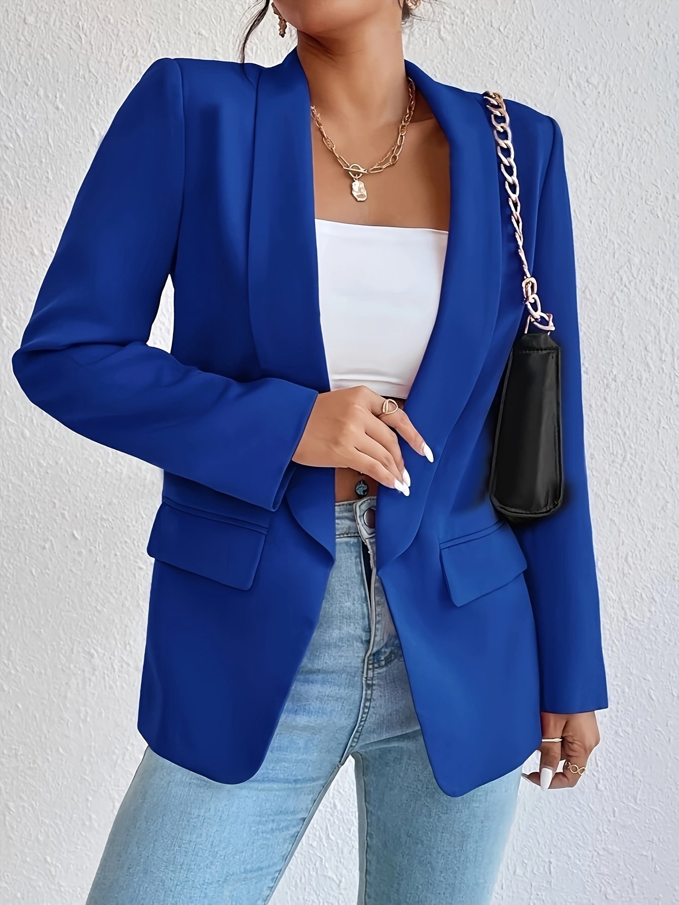 Solid Color Open Front Blazer, Casual Lapel Long Sleeve Blazer.