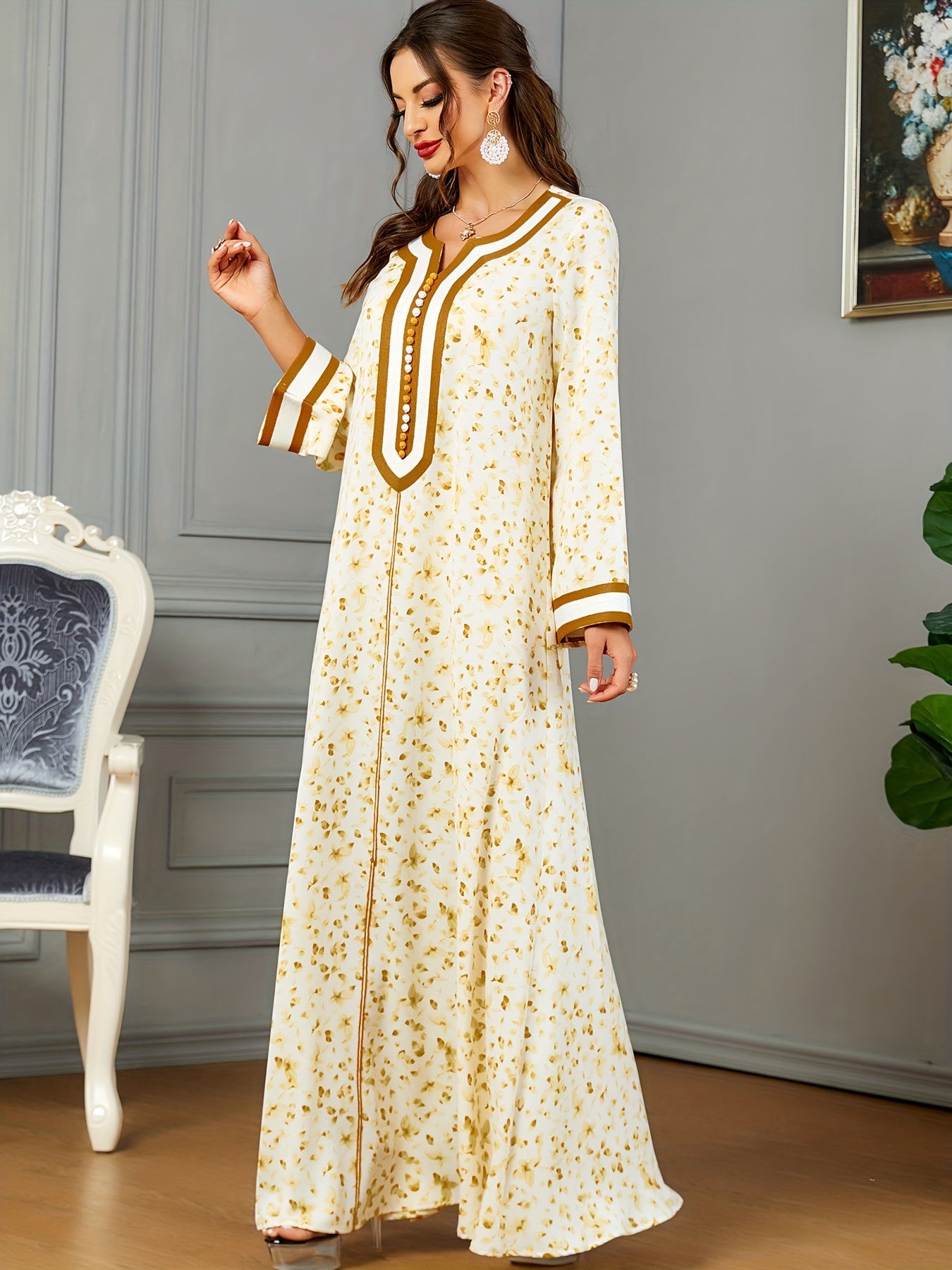 Floral Print Notch Neck Kaftan, Elegant Long Sleeve Maxi women fashion ;/MH