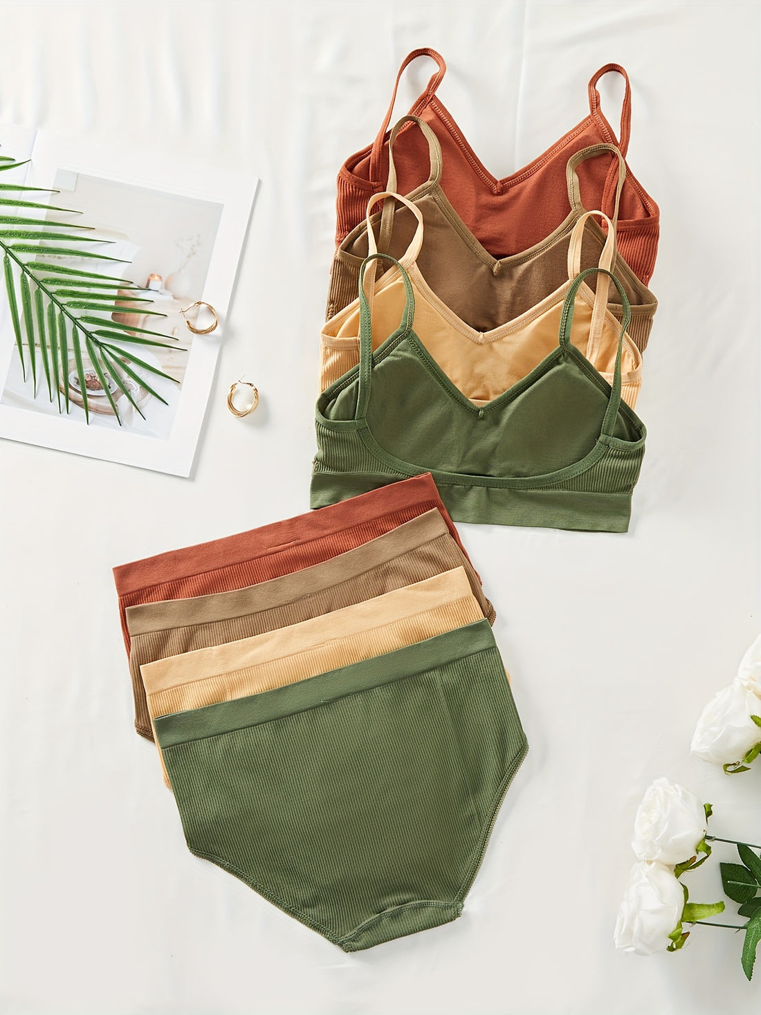4 Sets Sexy Ribbed Bralette And High Waisted Panty Set, Assorted Colors,/MH