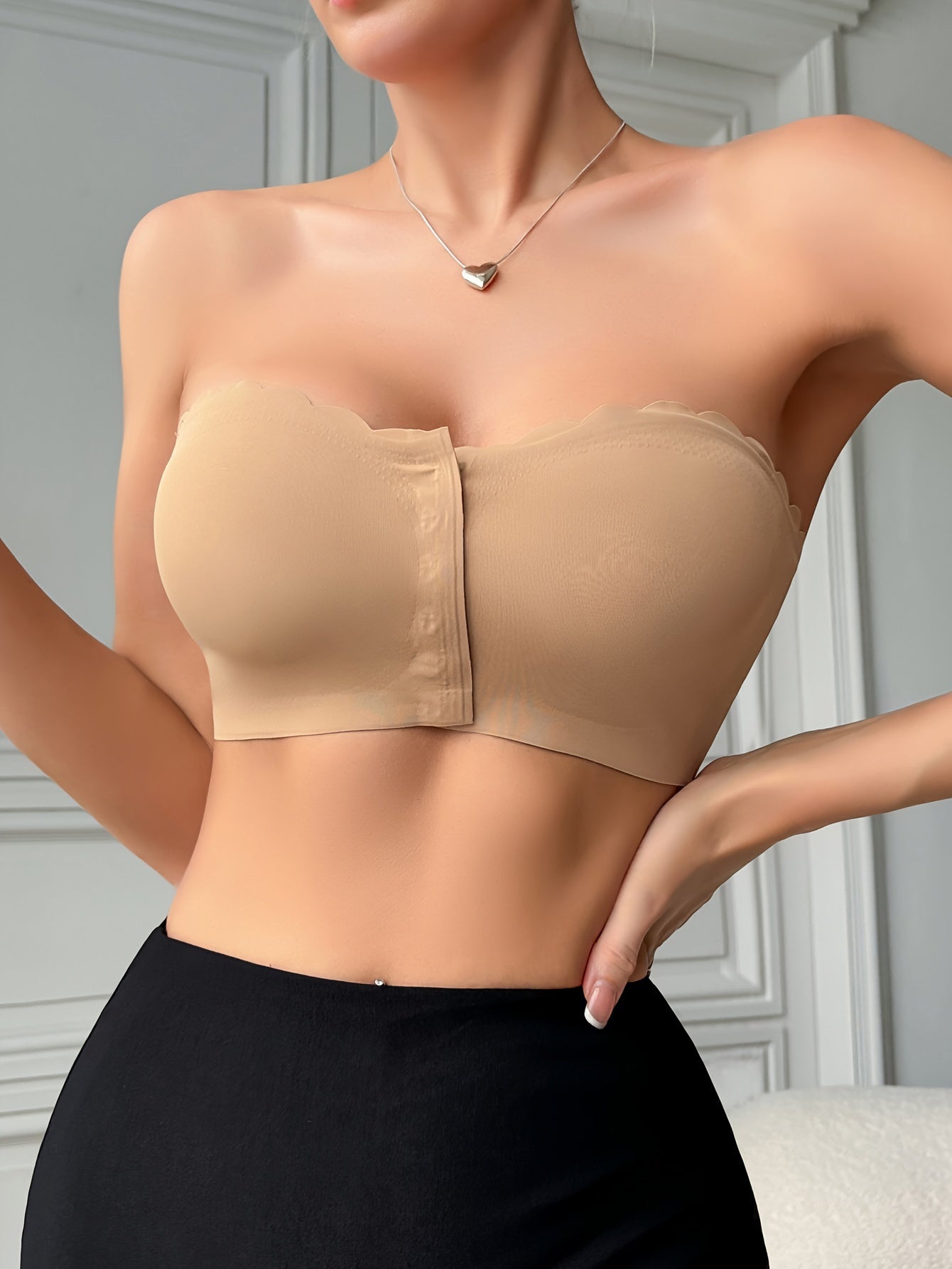Solid Seamless Strapless Front Closure Wireless Strapless Bra,/MH