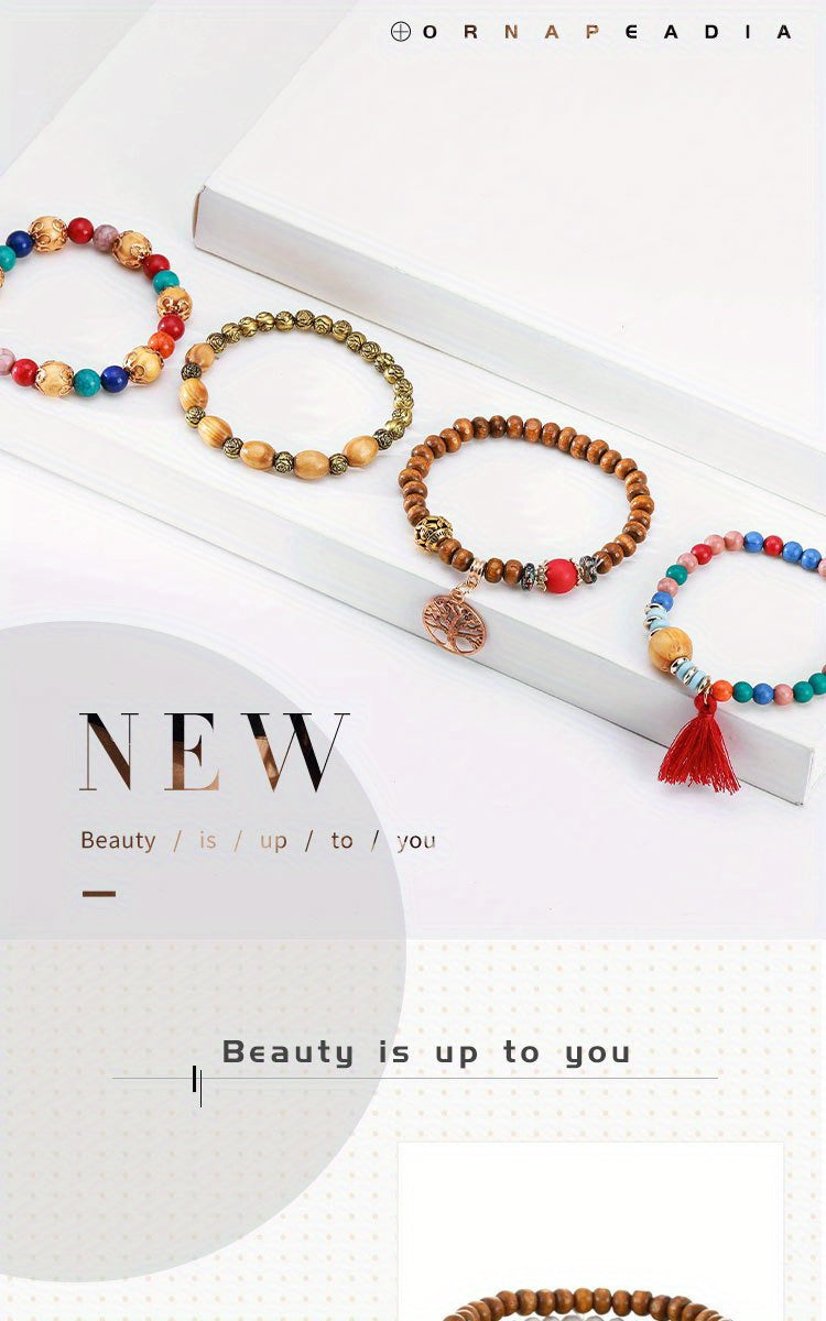 4pcs/set Tree Of Life Pendant Multilayer Beaded Bracelet Round Bead Wooden Bead Bracelet Bohemian Ethnic Jewelry Accessories Handmade -A Stylish Accessory, Father's Day Gift