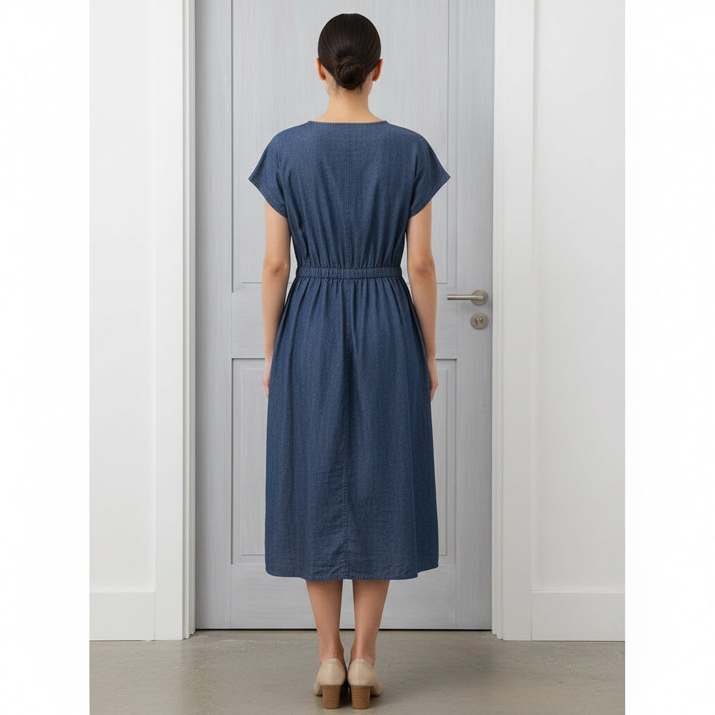 Women's Relaxed-Fit Denim Midi Tunic Dress with Front Pockets – Modern Casual Aesthetic | Sizes S-XL | MH