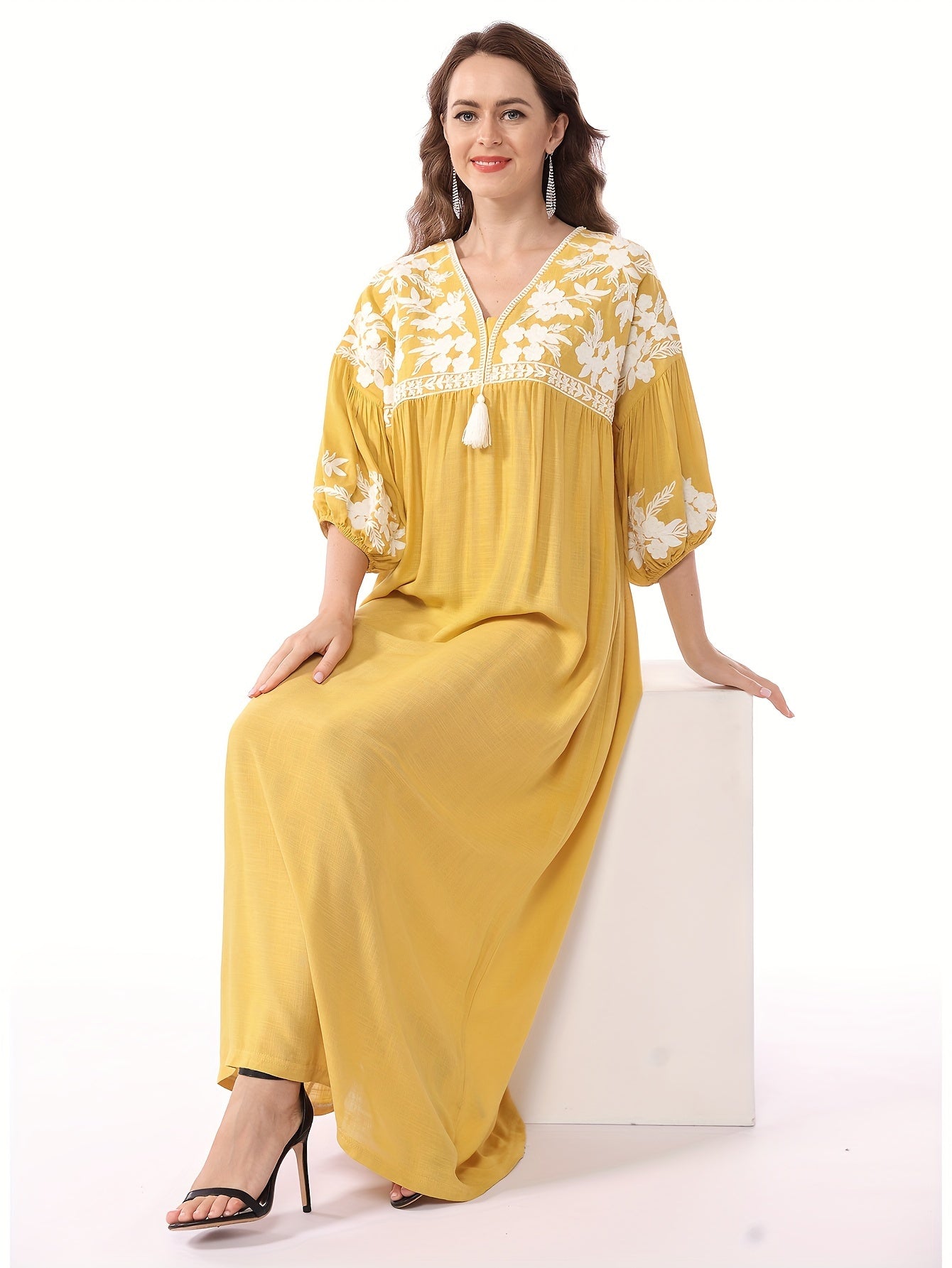 Themed Green Dress with White Floral Embroidery - ./MH