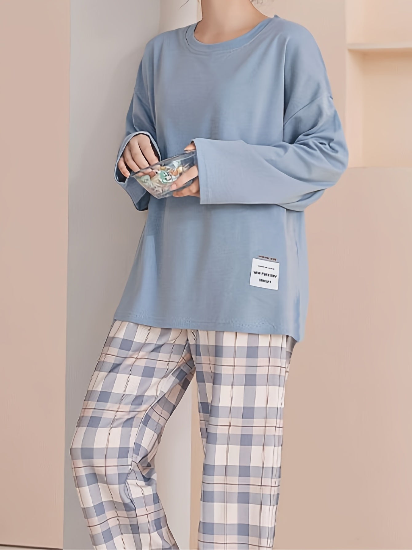 Plaid Print Crew Neck Pajamas Set,