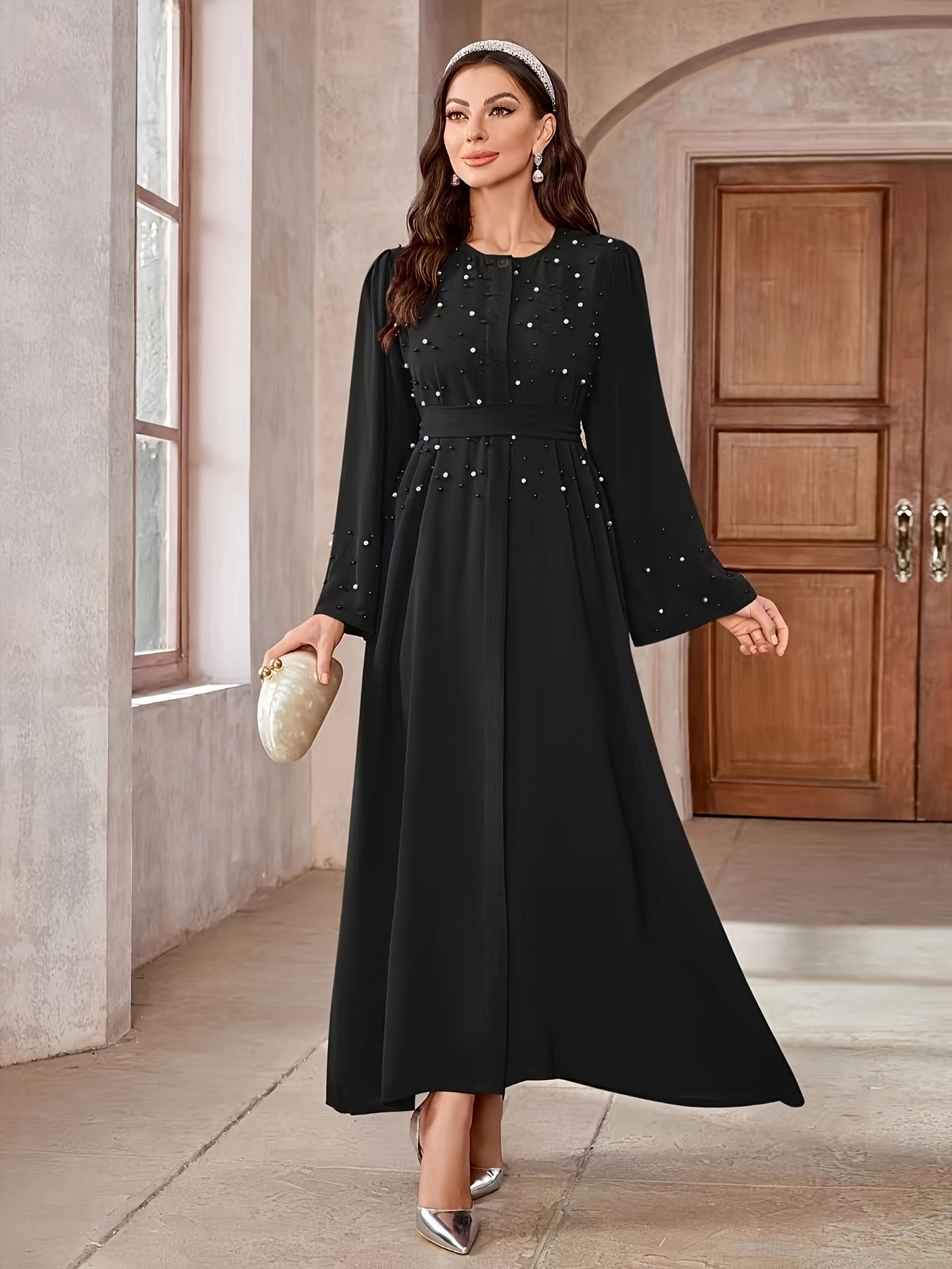 Elegant Navy Blue Abaya with Pearl Embellishments and Belt -/MH