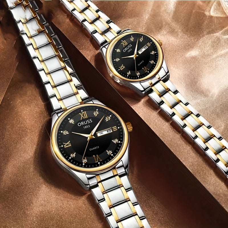 2pcs Luxury Couples Quartz Watch Business Leisure Fashion Analog Calendar Wrist Watch Valentines Gift For Men Women Date Watch