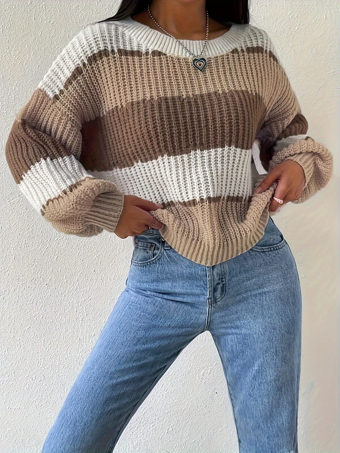 Crew Neck Pullover Sweater, Casual Lantern Sleeve Loose Sweater,