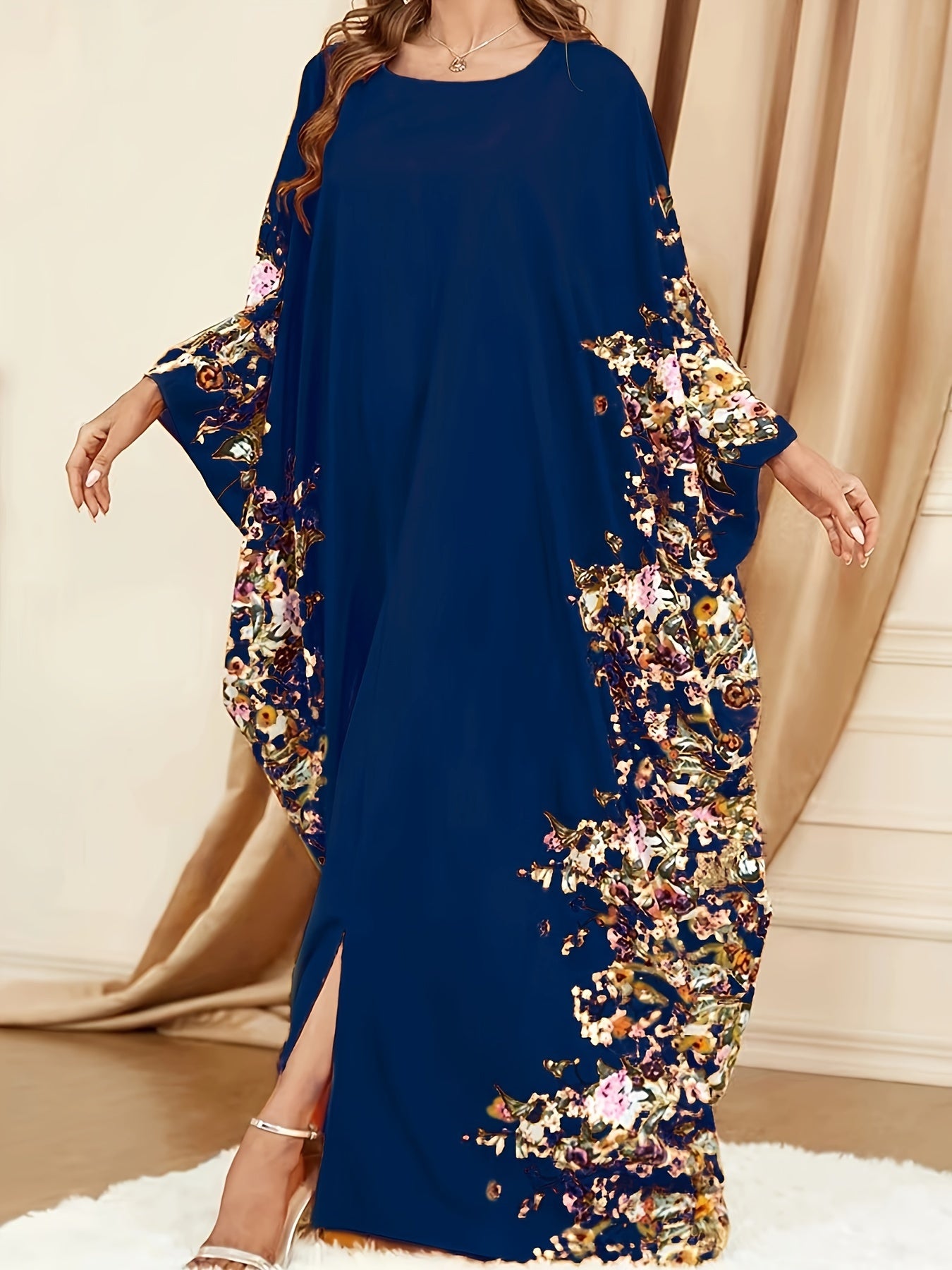 Floral Print Crew Neck Kaftan, Elegant Batwing Sleeve'/MH