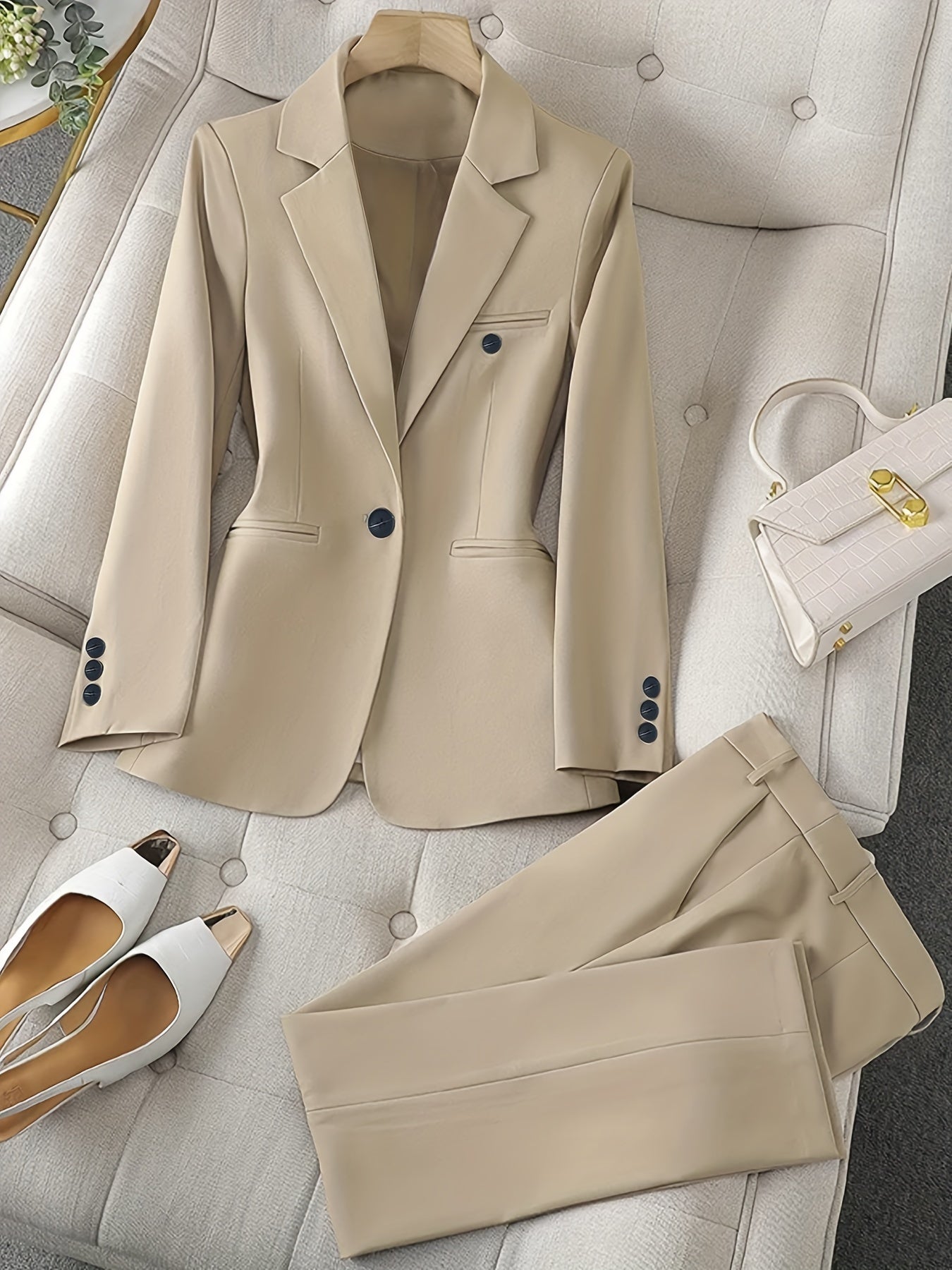Plain Color Elegant Suit Set, Single Breasted Long Sleeve Blazer.